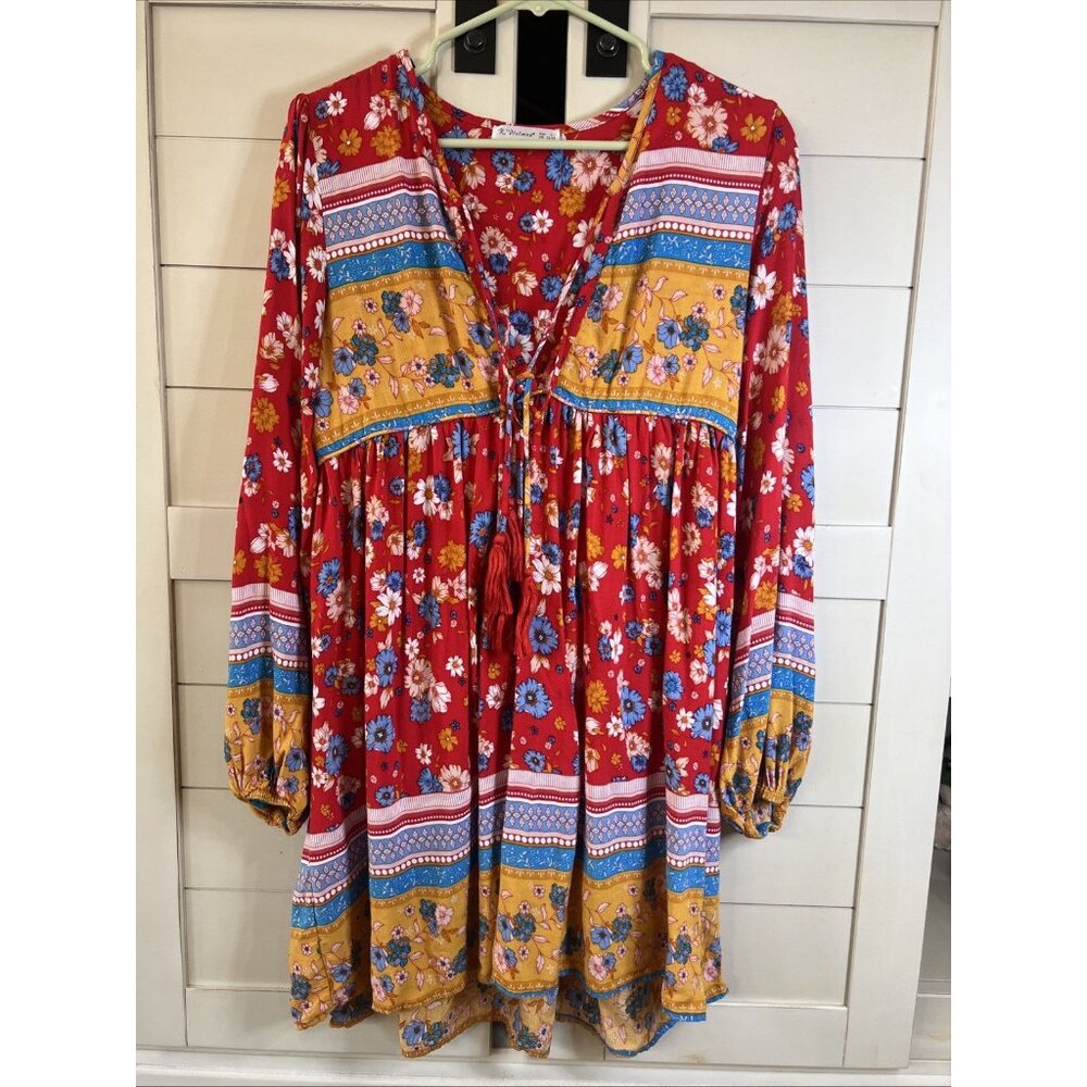 R.Vivimos Floral Patchwork Print Retro V-Neck Tassel Boho Midi Dress Size Large